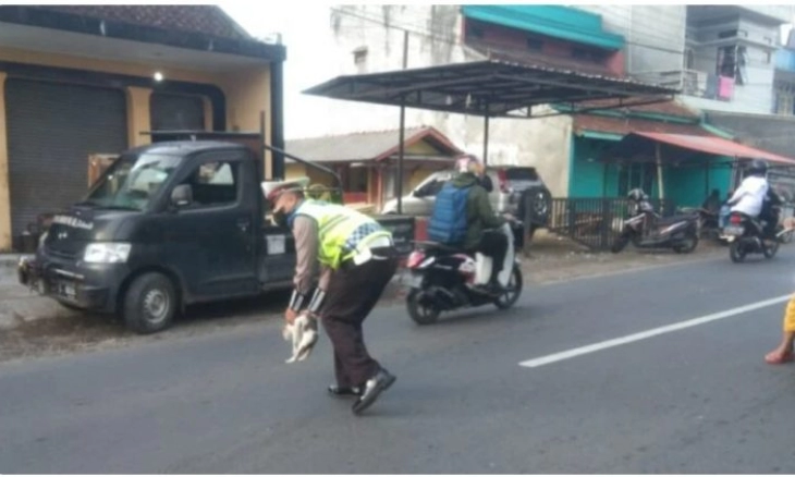 Menolong Kucing, Anggota Satlantas Polres Tasikmalaya Nyaris Tertabrak Mobil 